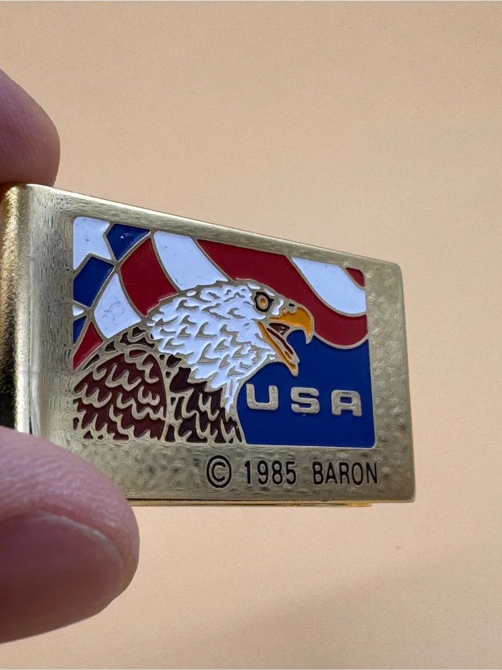 Vintage Enameled USA Eagle Money Clip 1985 Baron Gold Tone